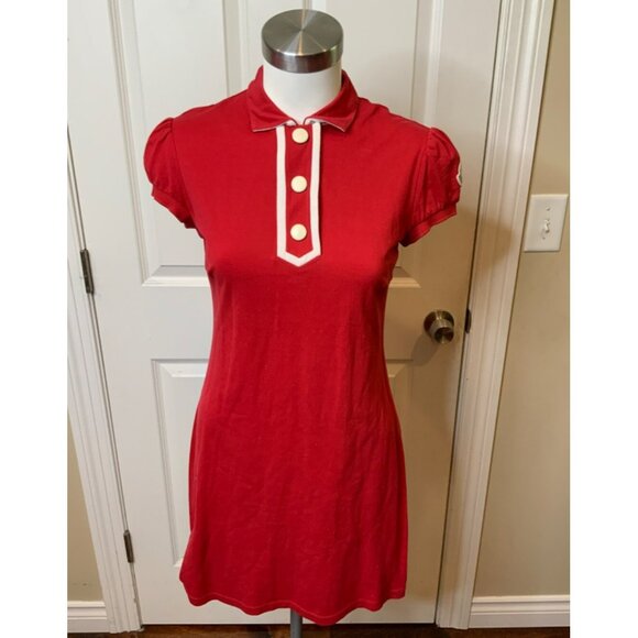 Moncler Pique Red Polo Collar Logo Patch Mini Dress, Size Small
